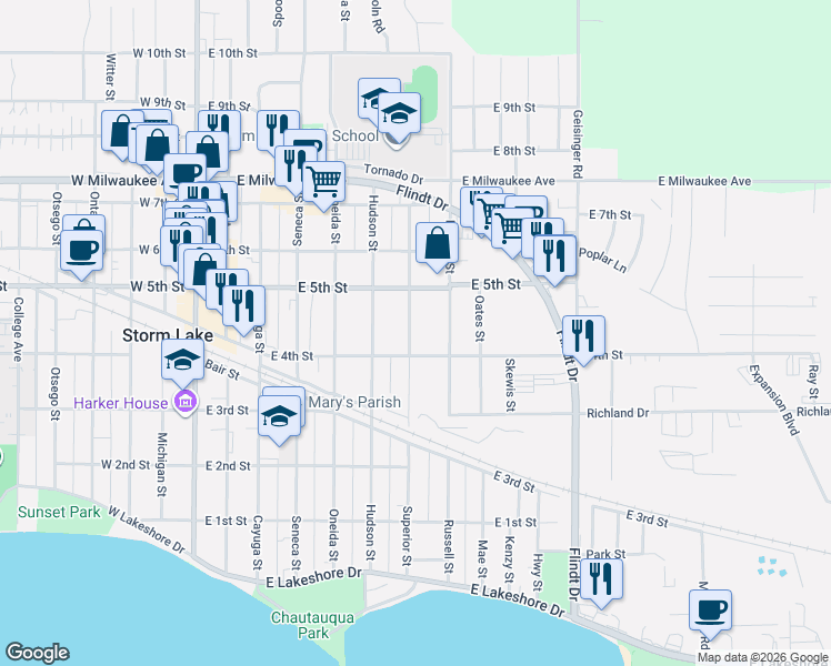 map of restaurants, bars, coffee shops, grocery stores, and more near 520 Superior Street in Storm Lake
