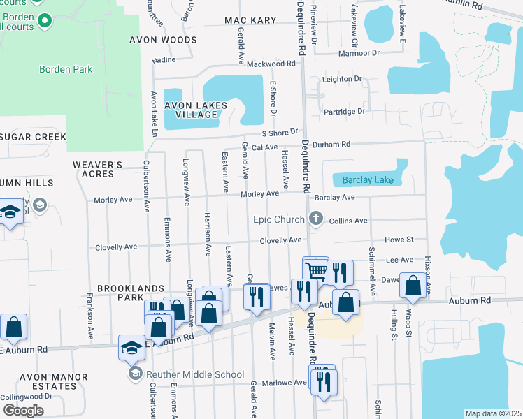 map of restaurants, bars, coffee shops, grocery stores, and more near 2536 Melvin Avenue in Rochester Hills