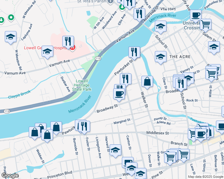 map of restaurants, bars, coffee shops, grocery stores, and more near 6 Solomont Way in Lowell