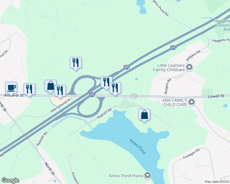 map of restaurants, bars, coffee shops, grocery stores, and more near 1910 Massachusetts 133 in Tewksbury
