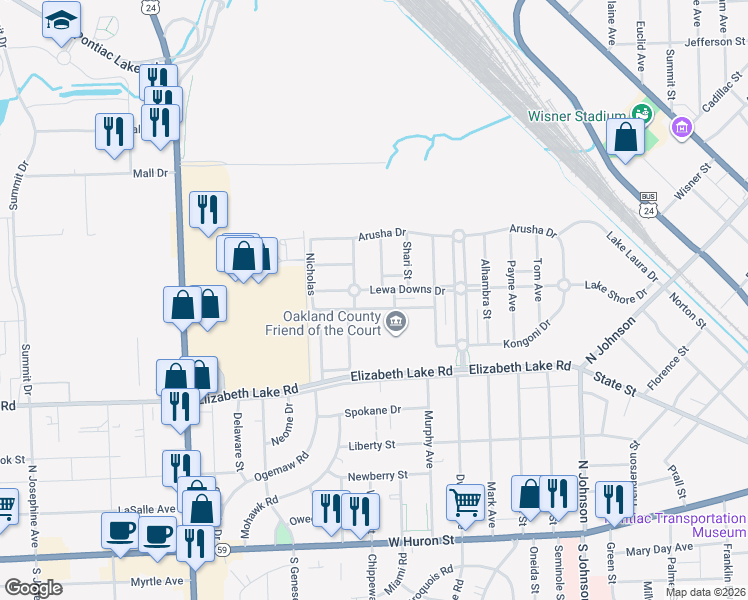 map of restaurants, bars, coffee shops, grocery stores, and more near 665 Lewa Downs Drive in Pontiac