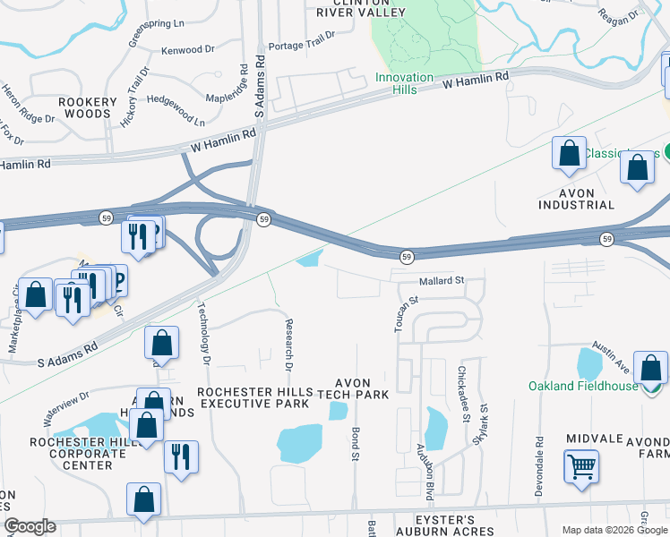 map of restaurants, bars, coffee shops, grocery stores, and more near Highway 59 in Rochester Hills