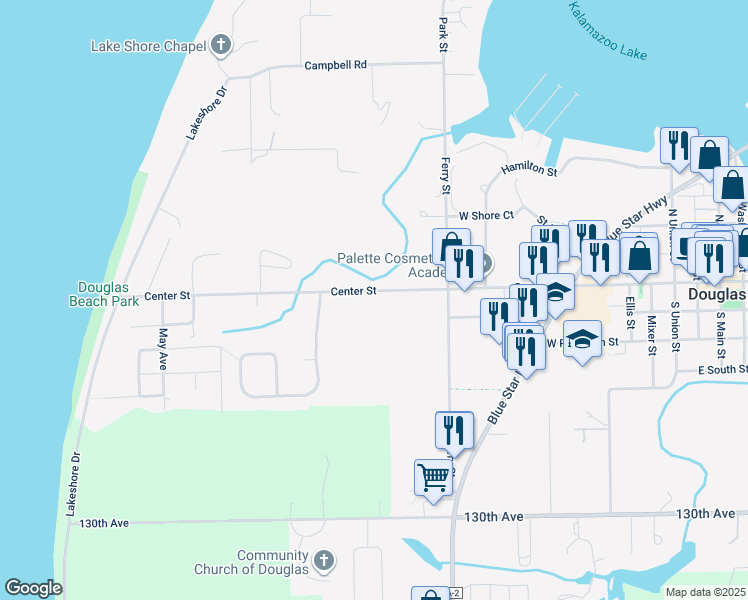 map of restaurants, bars, coffee shops, grocery stores, and more near 497 West Center Street in Douglas