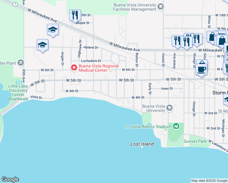 map of restaurants, bars, coffee shops, grocery stores, and more near 515 Larchwood Dr in Storm Lake