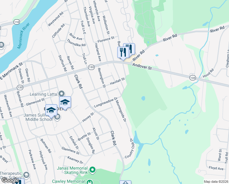 map of restaurants, bars, coffee shops, grocery stores, and more near 97 Dancause Road in Lowell