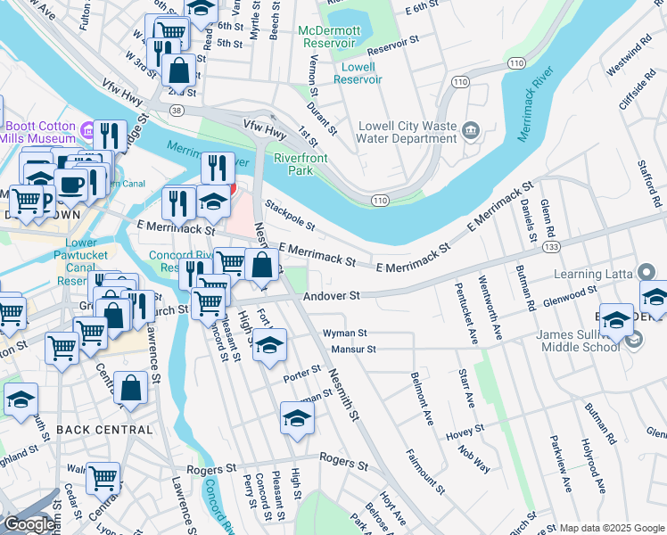map of restaurants, bars, coffee shops, grocery stores, and more near 466 East Merrimack Street in Lowell