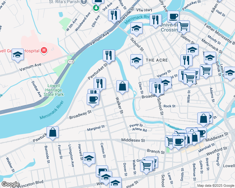 map of restaurants, bars, coffee shops, grocery stores, and more near 46 Shaffer Street in Lowell