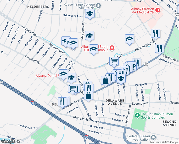 map of restaurants, bars, coffee shops, grocery stores, and more near 44 Marinello Terrace in Albany