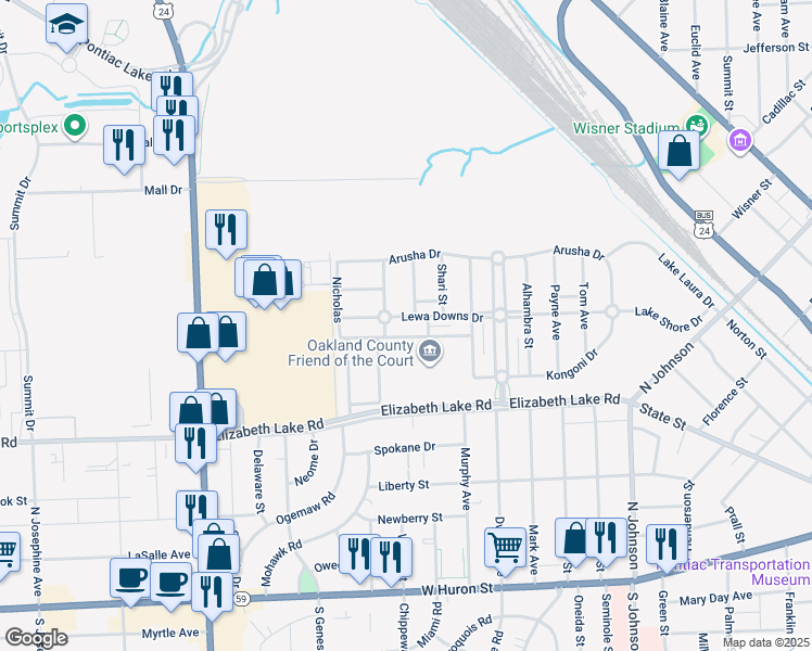 map of restaurants, bars, coffee shops, grocery stores, and more near 665 Lewa Downs Drive in Pontiac