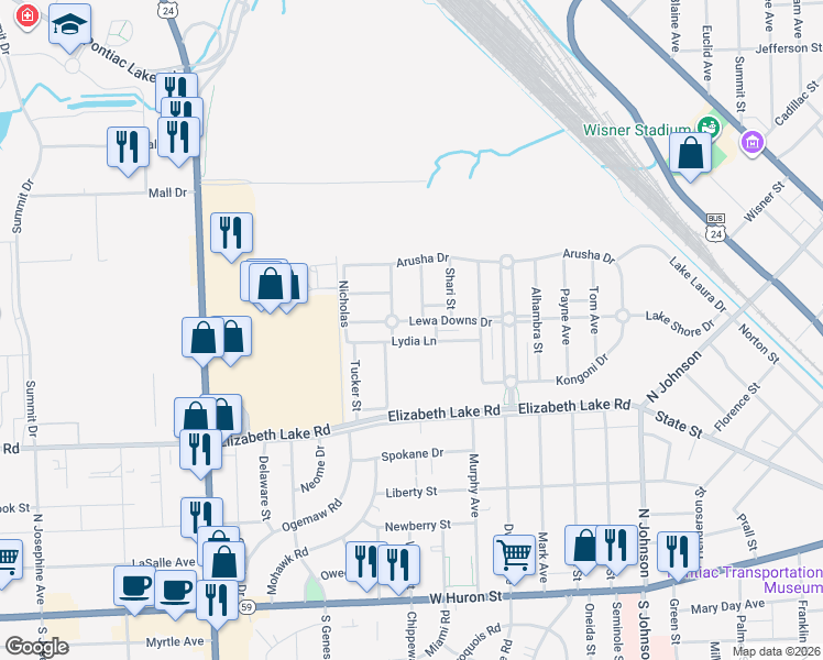 map of restaurants, bars, coffee shops, grocery stores, and more near 665 Lewa Downs Drive in Pontiac