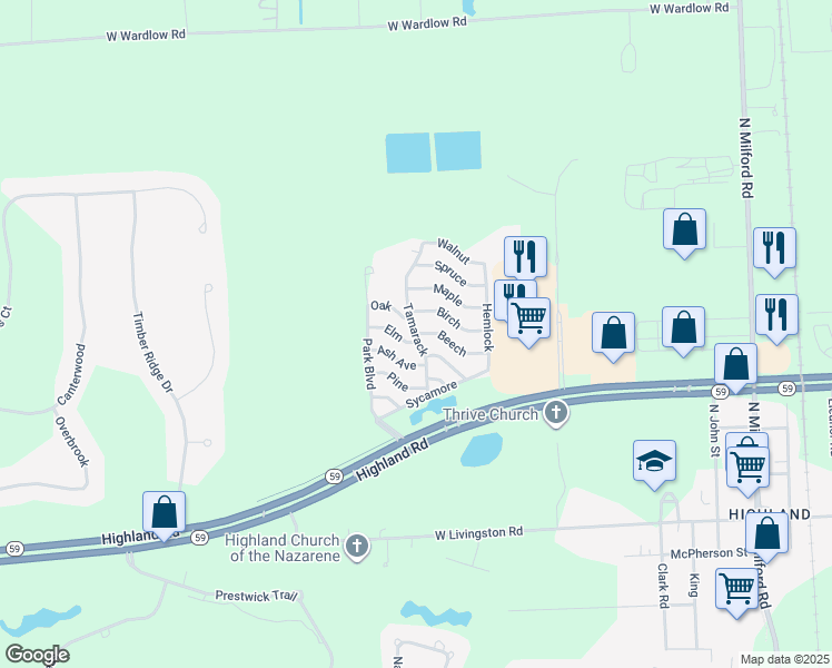 map of restaurants, bars, coffee shops, grocery stores, and more near 143 Tamarack in Highland Charter Township
