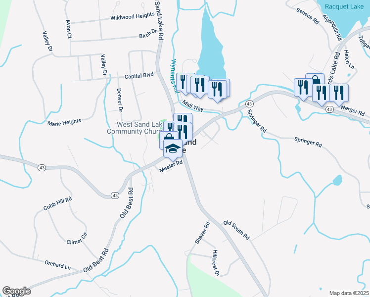 map of restaurants, bars, coffee shops, grocery stores, and more near 4350 New York 150 in West Sand Lake
