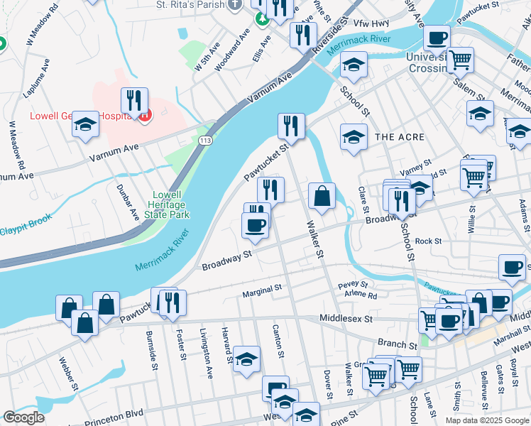 map of restaurants, bars, coffee shops, grocery stores, and more near 1 Solomont Way in Lowell
