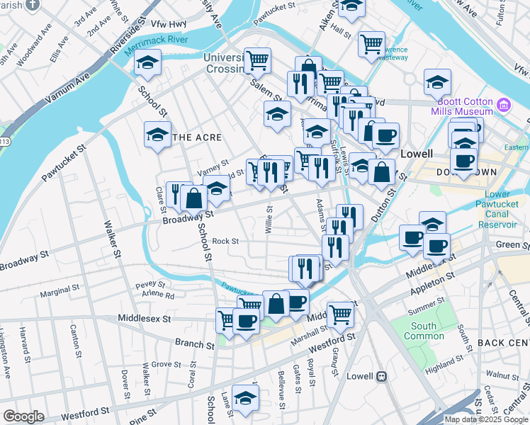 map of restaurants, bars, coffee shops, grocery stores, and more near 61 Willie Street in Lowell
