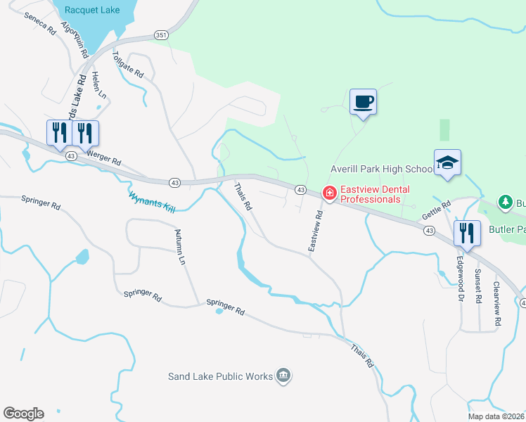 map of restaurants, bars, coffee shops, grocery stores, and more near 328 Thais Road in Averill Park