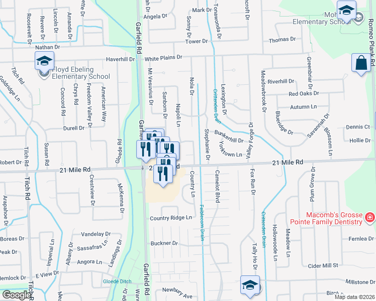 map of restaurants, bars, coffee shops, grocery stores, and more near 16940 Compania Drive in Macomb
