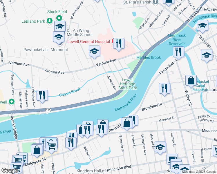 map of restaurants, bars, coffee shops, grocery stores, and more near 62 Pawtucket Drive in Lowell