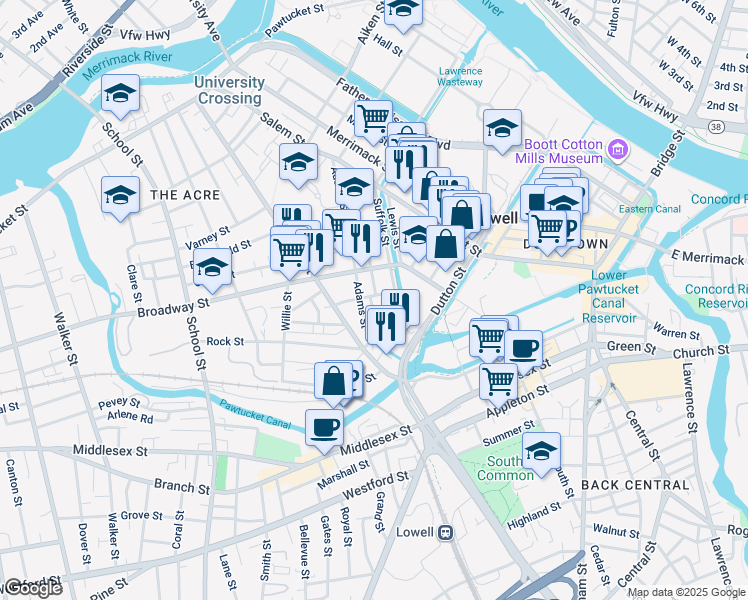 map of restaurants, bars, coffee shops, grocery stores, and more near 28 Dublin Street in Lowell