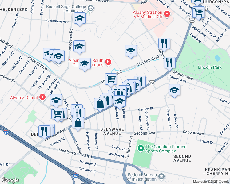 map of restaurants, bars, coffee shops, grocery stores, and more near 26 Summit Avenue in Albany