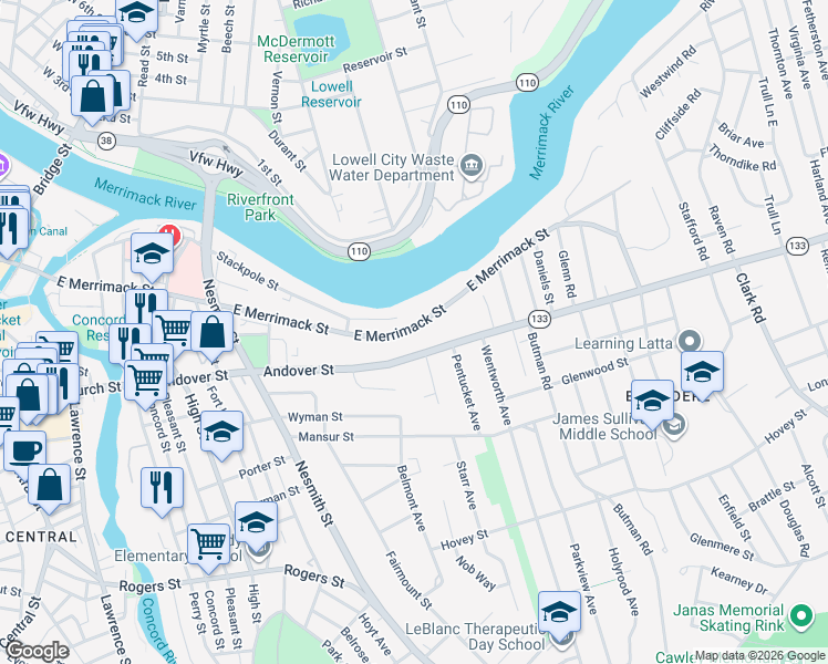 map of restaurants, bars, coffee shops, grocery stores, and more near 552 East Merrimack Street in Lowell