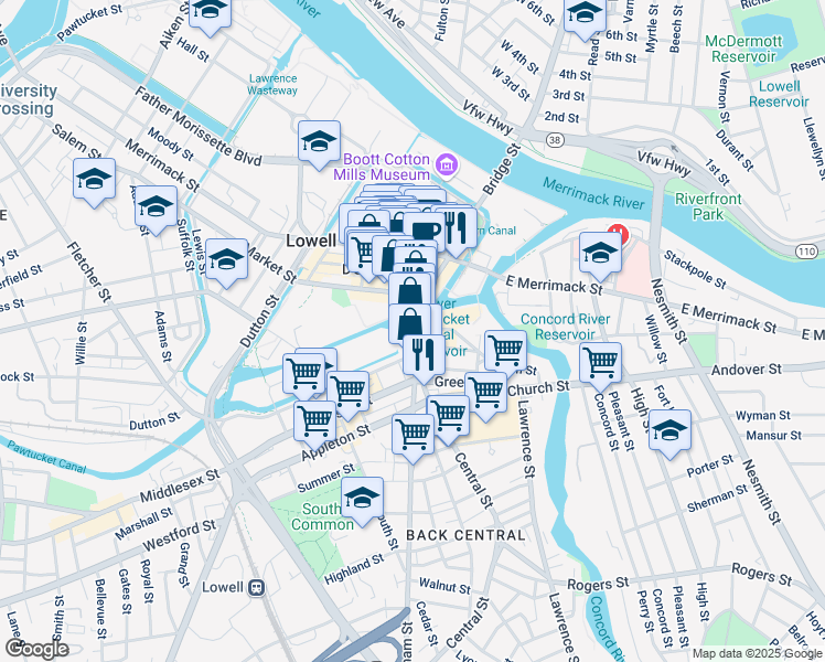 map of restaurants, bars, coffee shops, grocery stores, and more near 139 Central Street in Lowell