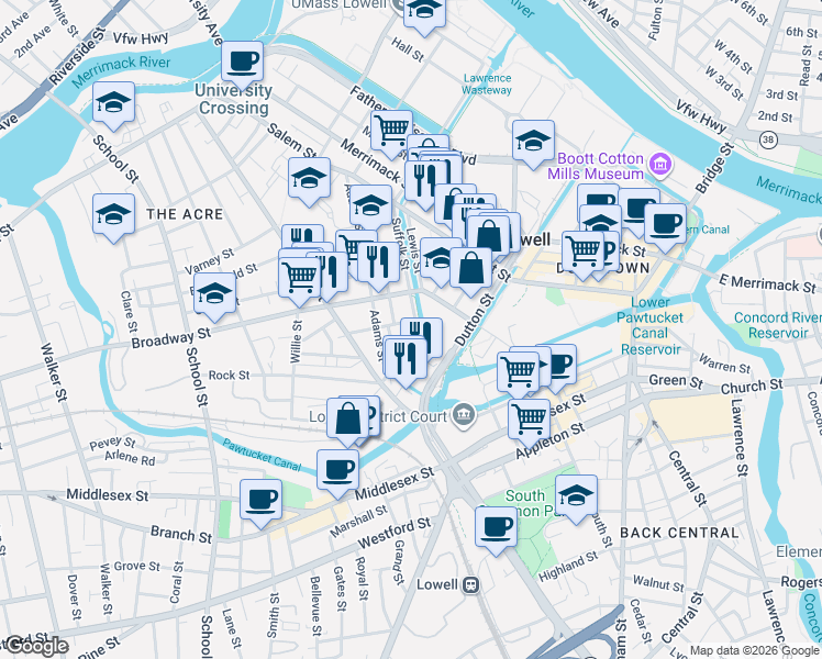 map of restaurants, bars, coffee shops, grocery stores, and more near 13 Dublin Street in Lowell
