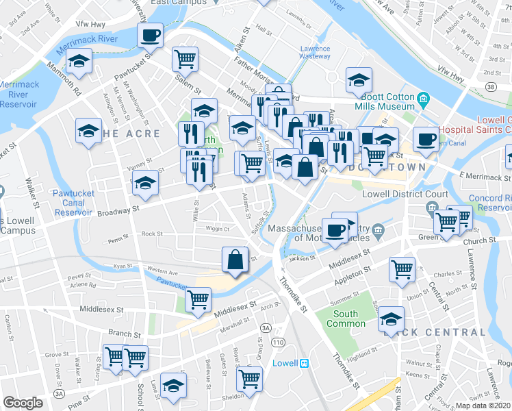map of restaurants, bars, coffee shops, grocery stores, and more near 13 Dublin Street in Lowell