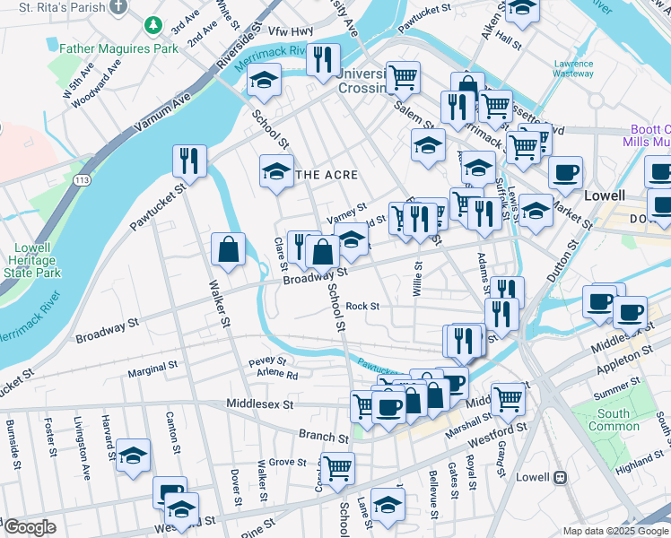 map of restaurants, bars, coffee shops, grocery stores, and more near 571 Broadway Street in Lowell