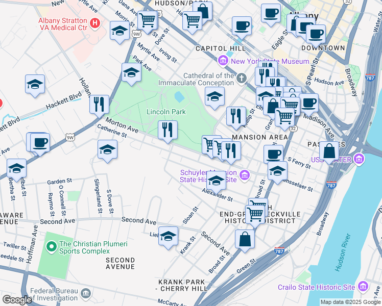 map of restaurants, bars, coffee shops, grocery stores, and more near 122 Morton Avenue in Albany
