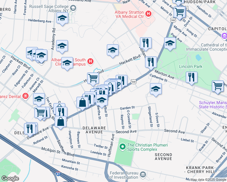map of restaurants, bars, coffee shops, grocery stores, and more near in Albany