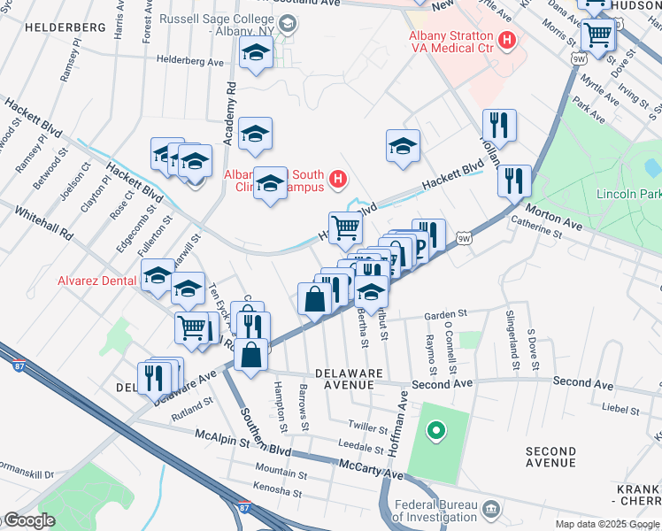 map of restaurants, bars, coffee shops, grocery stores, and more near 39 Summit Avenue in Albany