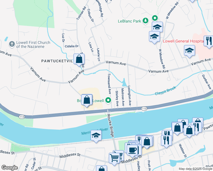 map of restaurants, bars, coffee shops, grocery stores, and more near 92 Townsend Avenue in Lowell