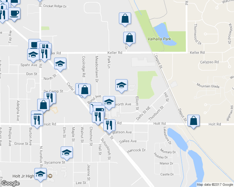 map of restaurants, bars, coffee shops, grocery stores, and more near 4242 Bond Ave in Delhi Charter Township