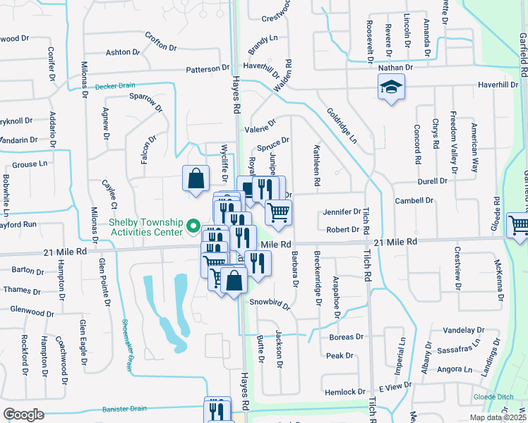 map of restaurants, bars, coffee shops, grocery stores, and more near 47210 Hayes Road in Macomb