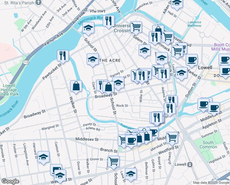 map of restaurants, bars, coffee shops, grocery stores, and more near 583 Broadway Street in Lowell