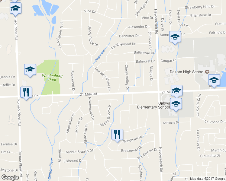 map of restaurants, bars, coffee shops, grocery stores, and more near 47002 Beacon Square Drive in Macomb
