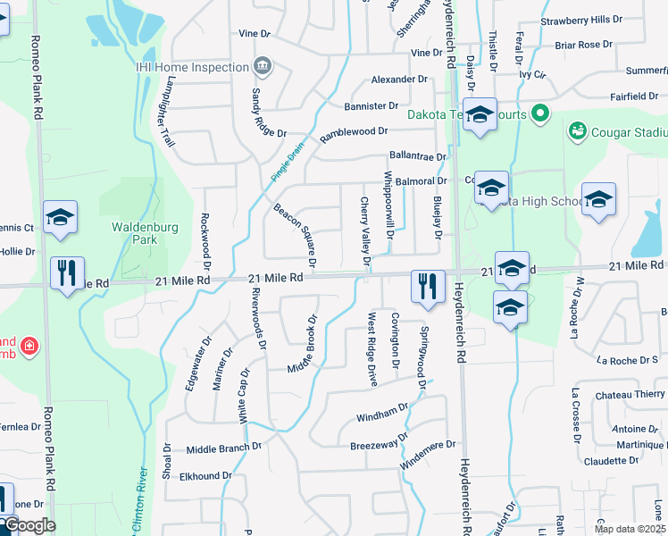 map of restaurants, bars, coffee shops, grocery stores, and more near 47002 Beacon Square Drive in Macomb