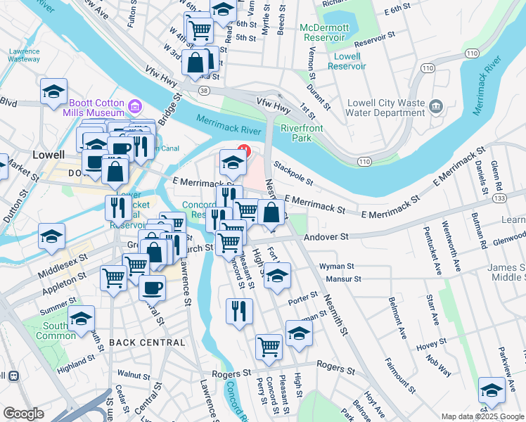 map of restaurants, bars, coffee shops, grocery stores, and more near 90 Chestnut Street in Lowell