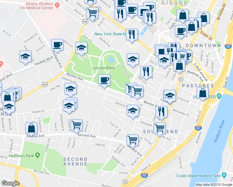 map of restaurants, bars, coffee shops, grocery stores, and more near 128 Morton Avenue in Albany