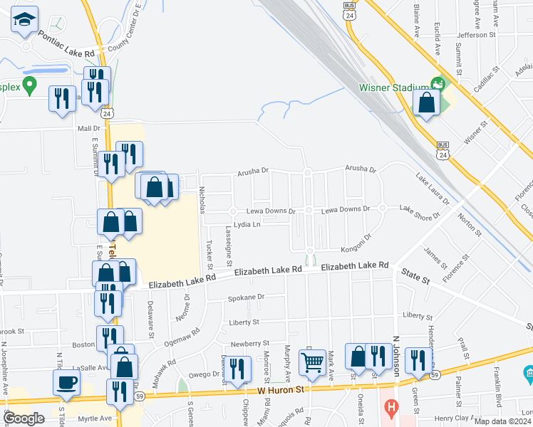 map of restaurants, bars, coffee shops, grocery stores, and more near 649 Lewa Downs Drive in Pontiac