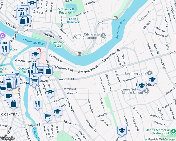 map of restaurants, bars, coffee shops, grocery stores, and more near 552 East Merrimack Street in Lowell