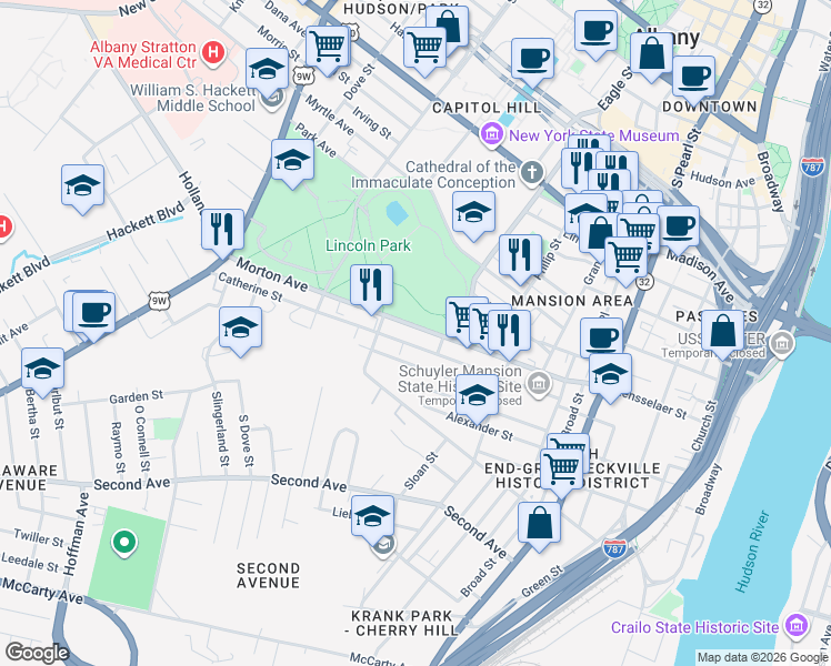 map of restaurants, bars, coffee shops, grocery stores, and more near 122 Morton Avenue in Albany