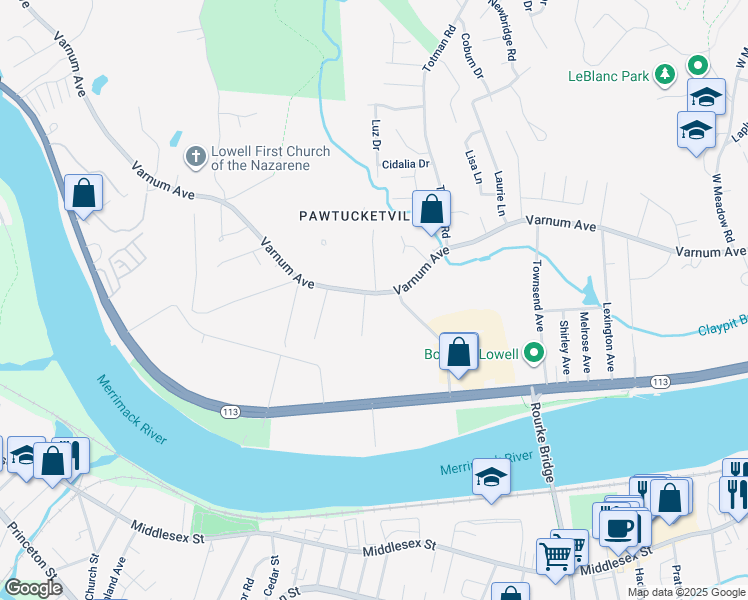 map of restaurants, bars, coffee shops, grocery stores, and more near 956 Varnum Avenue in Lowell