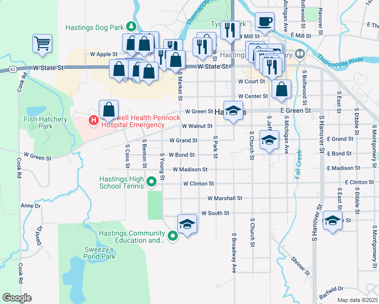 map of restaurants, bars, coffee shops, grocery stores, and more near 517 West Bond Street in Hastings