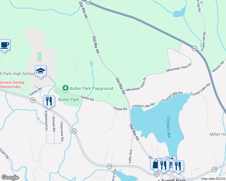map of restaurants, bars, coffee shops, grocery stores, and more near 4 Hickory Lane in Averill Park