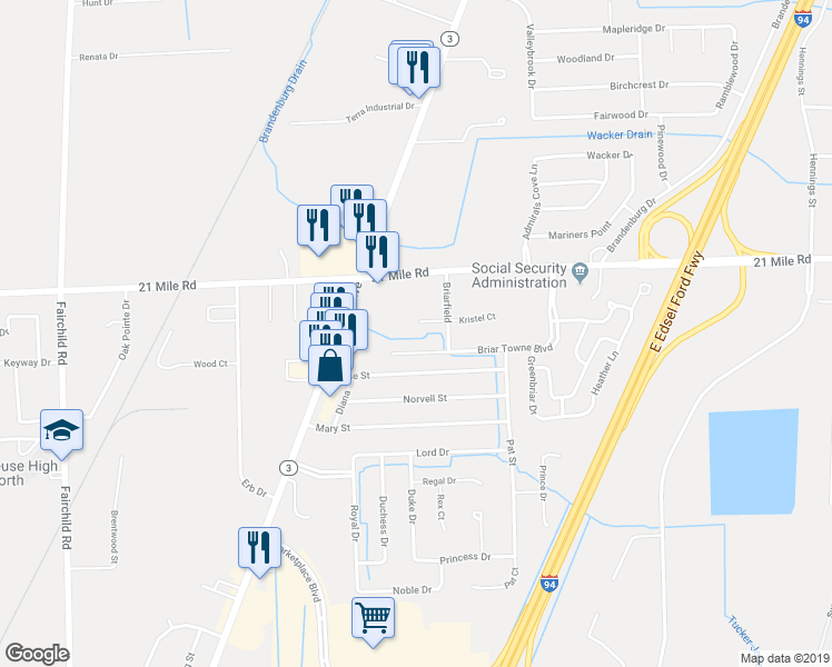 map of restaurants, bars, coffee shops, grocery stores, and more near 25634 Jeffery Court in New Baltimore