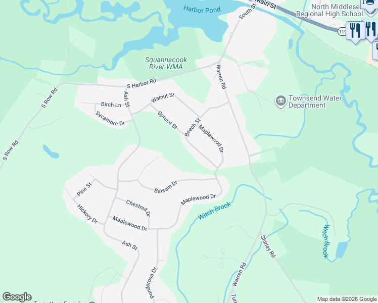 map of restaurants, bars, coffee shops, grocery stores, and more near 19 Beech Street in Townsend