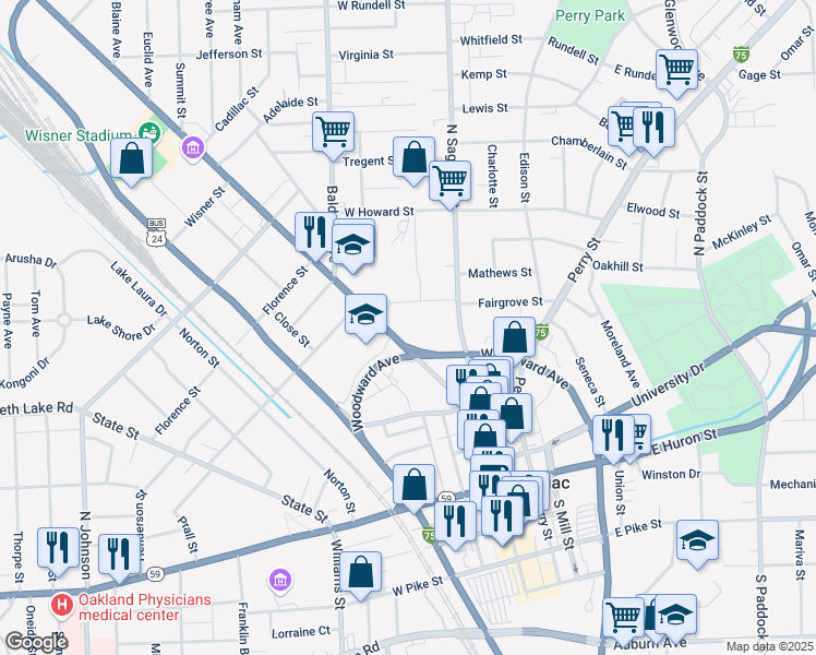 map of restaurants, bars, coffee shops, grocery stores, and more near 126 Cesar E Chavez Avenue in Pontiac