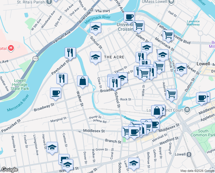 map of restaurants, bars, coffee shops, grocery stores, and more near 255 School Street in Lowell