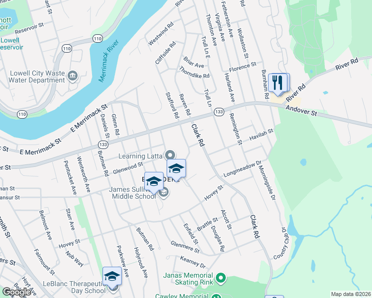 map of restaurants, bars, coffee shops, grocery stores, and more near 45 Garden Road in Lowell